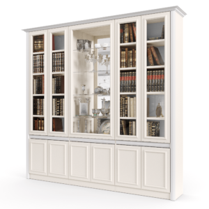 ספריית קודש עם 4 דלתות זכוכית + תא תצוגה מרכזי גדול, ו- 6 דלתות אחסון תחתונות – דגם אירית