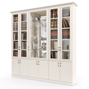 ספריית קודש עם 5 דלתות זכוכית + תא תצוגה מרכזי, ו- 6 דלתות אחסון תחתונות – דגם תפוז