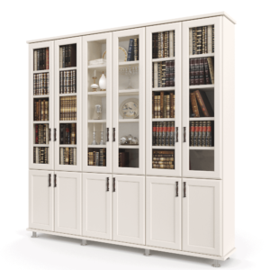 ספריית קודש הכוללת 6 דלתות זכוכית המחפות על מדפי תצוגה + 6 דלתות עץ תחתונות – דגם לוטוס 6