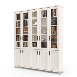 ספריית קודש הכוללת 5 דלתות זכוכית המחפות על מדפי אחסון ותצוגה, בתוספת 5 דלתות עץ תחתונות לאחסון – דגם לוטוס 5