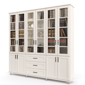 ספריית קודש הכוללת 6 דלתות זכוכית המחפות על מדפי אחסון ותצוגה, 4 דלתות עץ תחתונות ו- 3 מגירות מרכזיות – דגם לוטוס 6-M