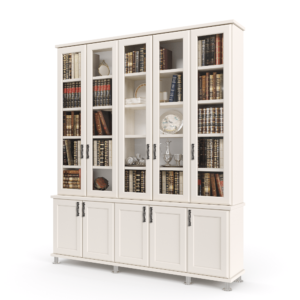 ספריית קודש הכוללת 5 דלתות זכוכית המחפות על מדפי אחסון ותצוגה, ו – 5 דלתות עץ תחתונות לאחסון – דגם מירון 5